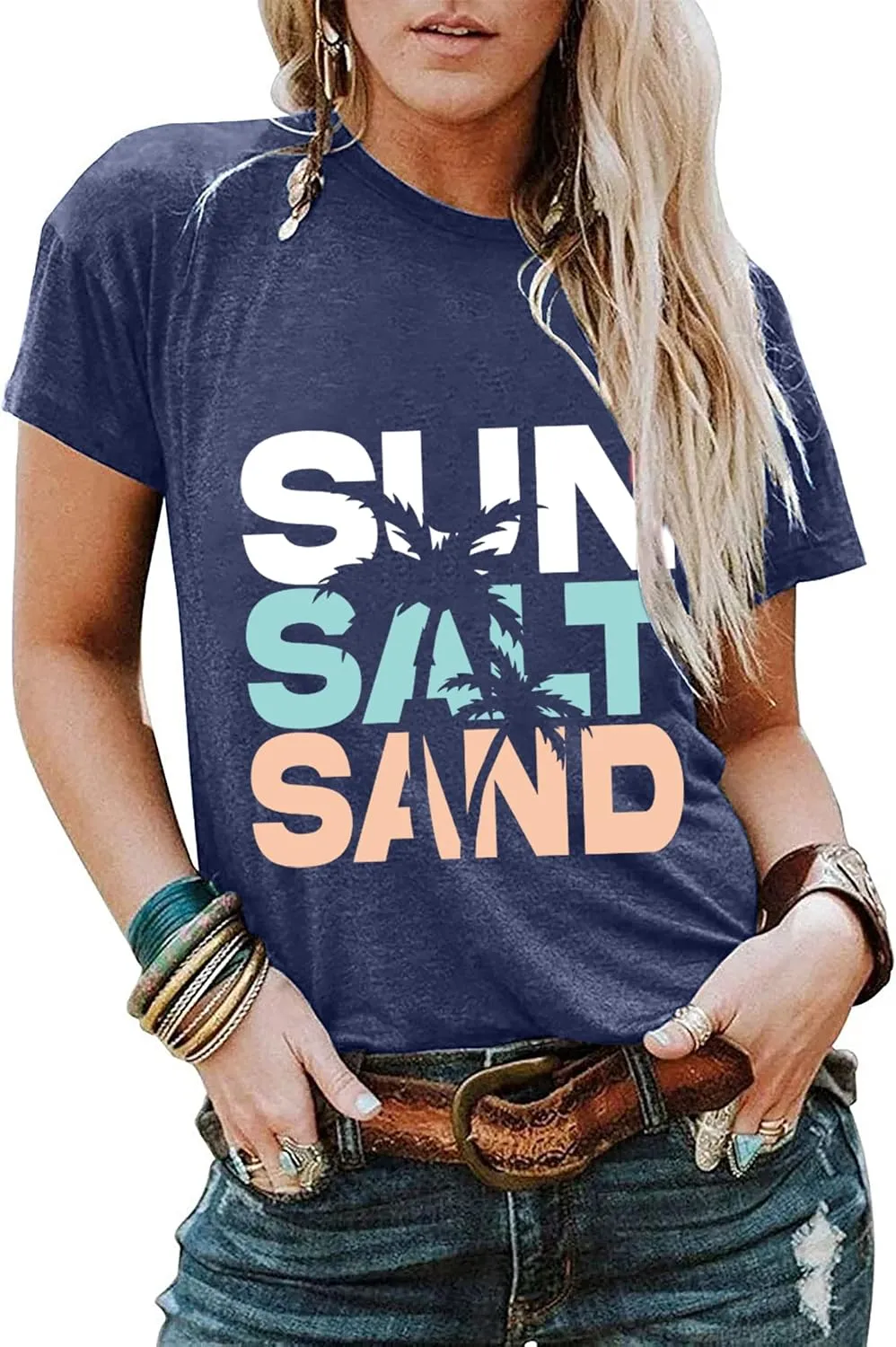 Sun Salt Sand Beach Tshirt for Women Summer Coconut Tree Graphic Casual Short Sleeve Loose Fit Tee Blouses
