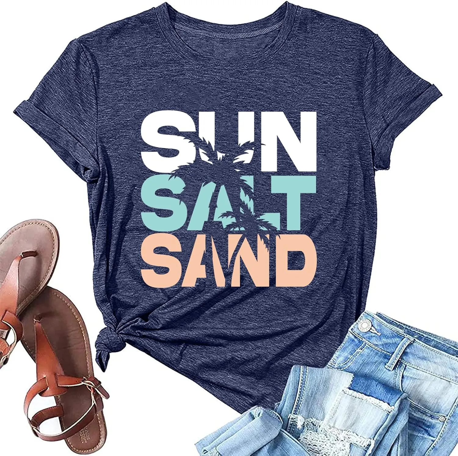 Sun Salt Sand Beach Tshirt for Women Summer Coconut Tree Graphic Casual Short Sleeve Loose Fit Tee Blouses