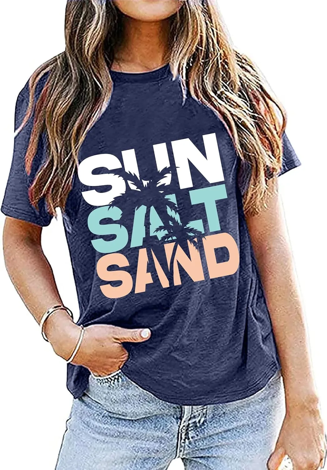 Sun Salt Sand Beach Tshirt for Women Summer Coconut Tree Graphic Casual Short Sleeve Loose Fit Tee Blouses