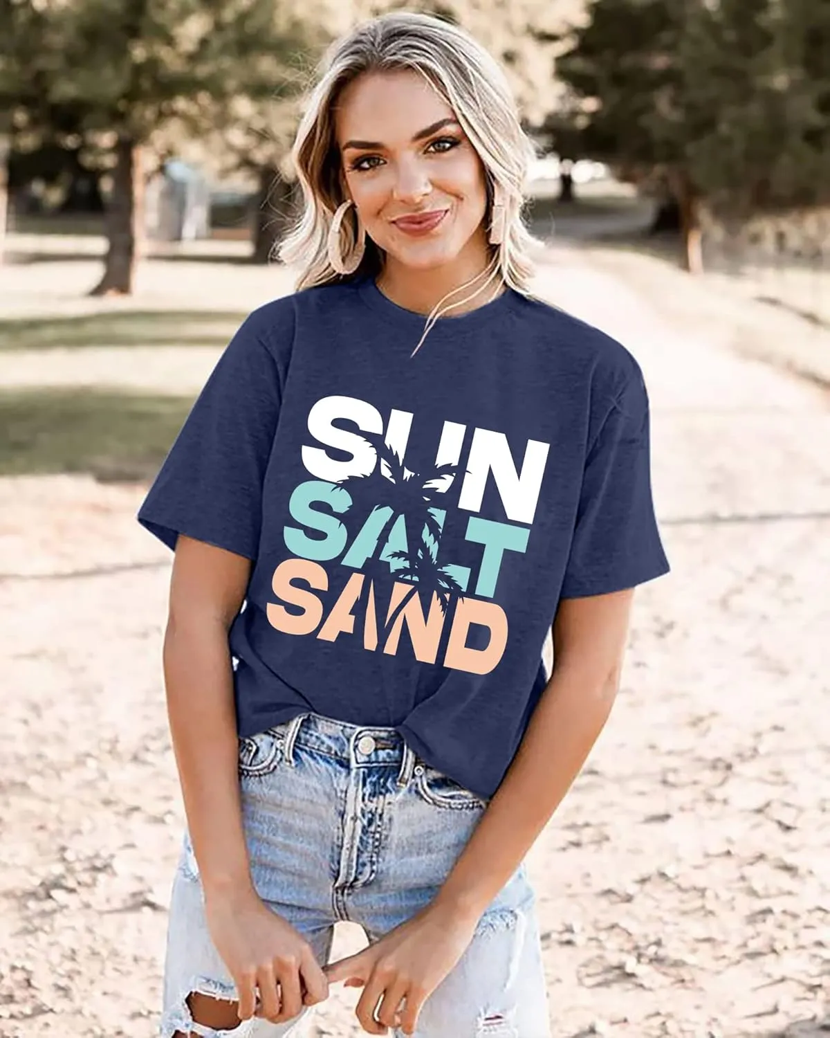 Sun Salt Sand Beach Tshirt for Women Summer Coconut Tree Graphic Casual Short Sleeve Loose Fit Tee Blouses