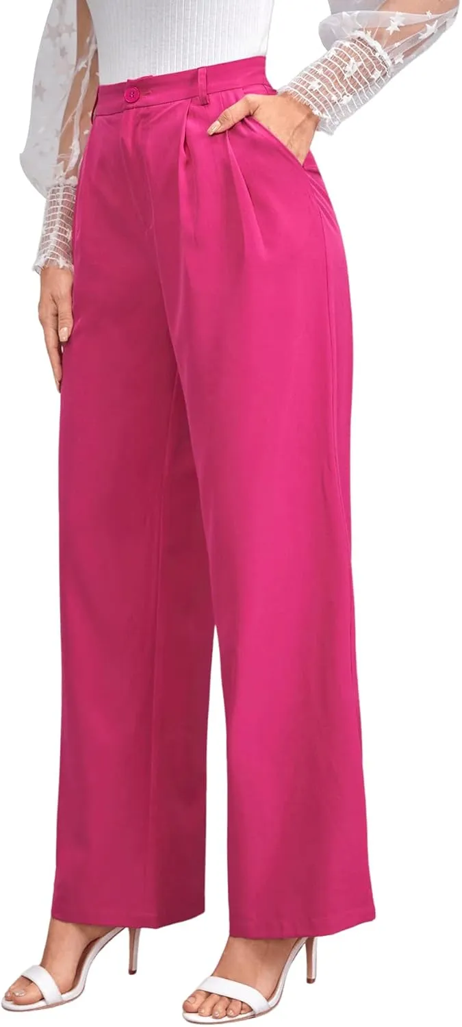 SweatyRocks Women's Casual Wide Leg High Waisted Button Down Straight Long Trousers Pants