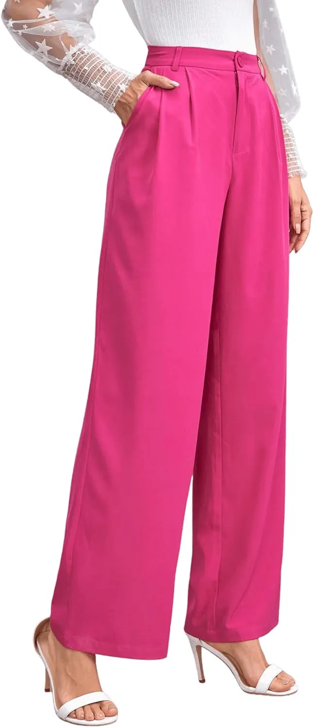SweatyRocks Women's Casual Wide Leg High Waisted Button Down Straight Long Trousers Pants
