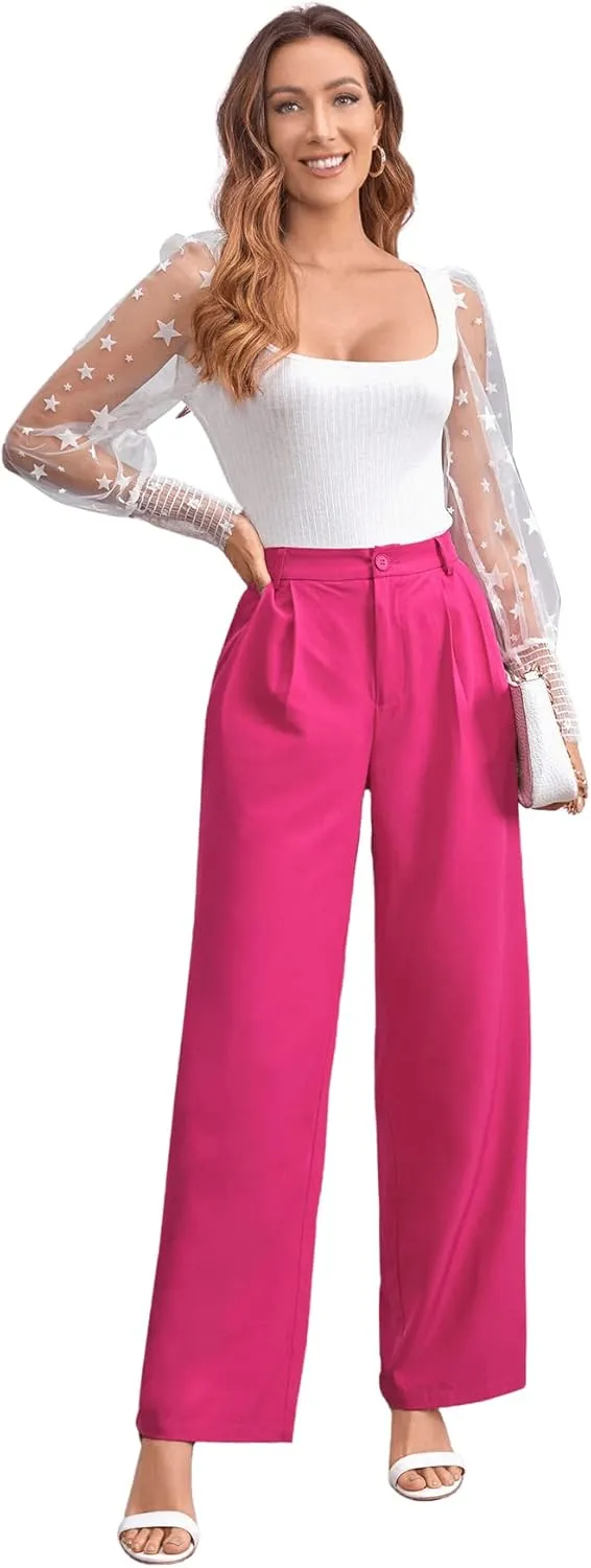 SweatyRocks Women's Casual Wide Leg High Waisted Button Down Straight Long Trousers Pants