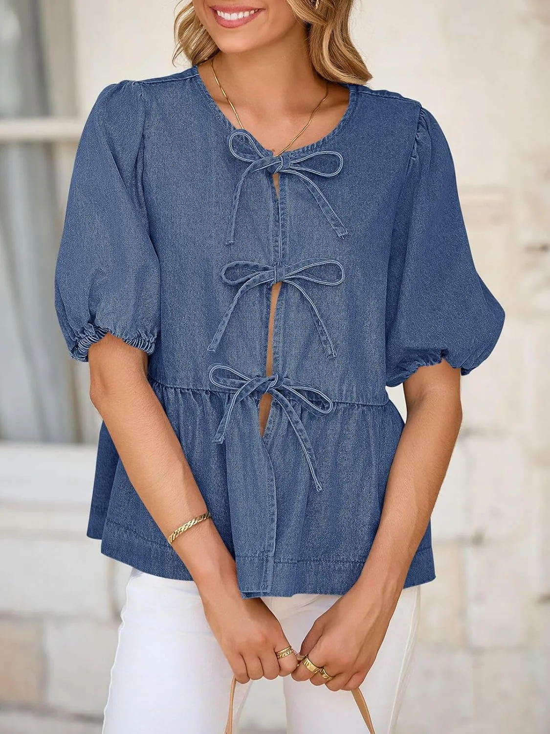 Tankaneo Womens Denim Tie Front Tops Babydoll Peplum Puff Sleeve Jean Shirts Crew Neck Summer Casual Bow Blouses