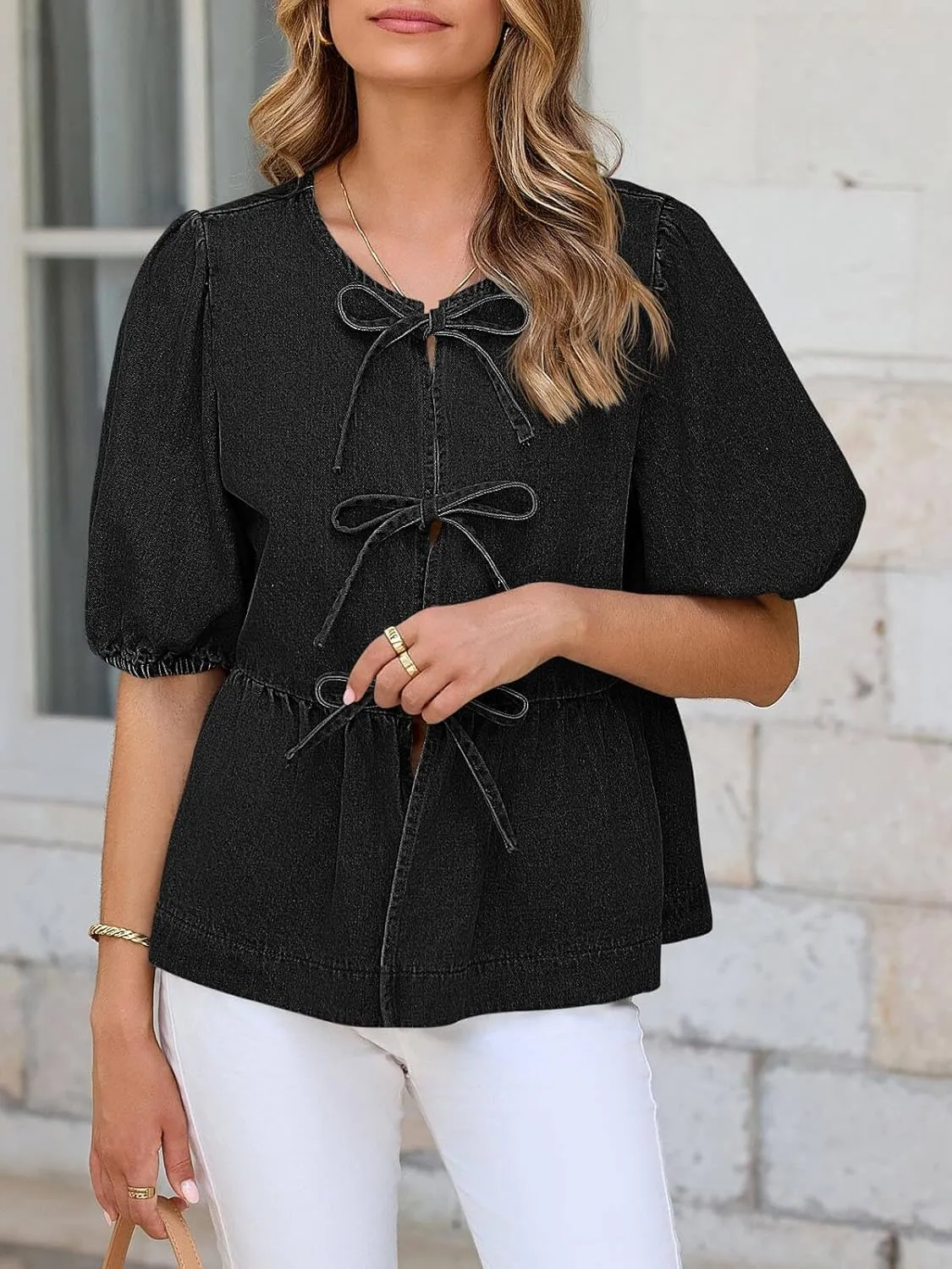 Tankaneo Womens Denim Tie Front Tops Babydoll Peplum Puff Sleeve Jean Shirts Crew Neck Summer Casual Bow Blouses
