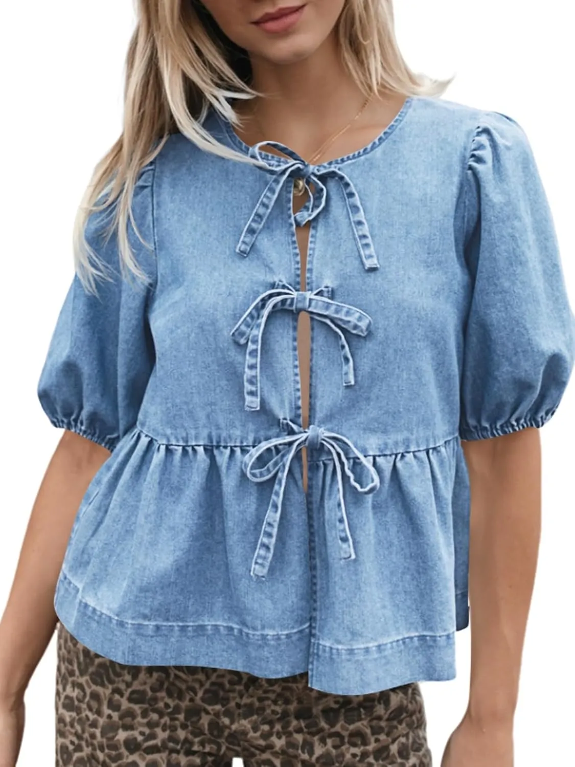 Tankaneo Womens Denim Tie Front Tops Babydoll Peplum Puff Sleeve Jean Shirts Crew Neck Summer Casual Bow Blouses