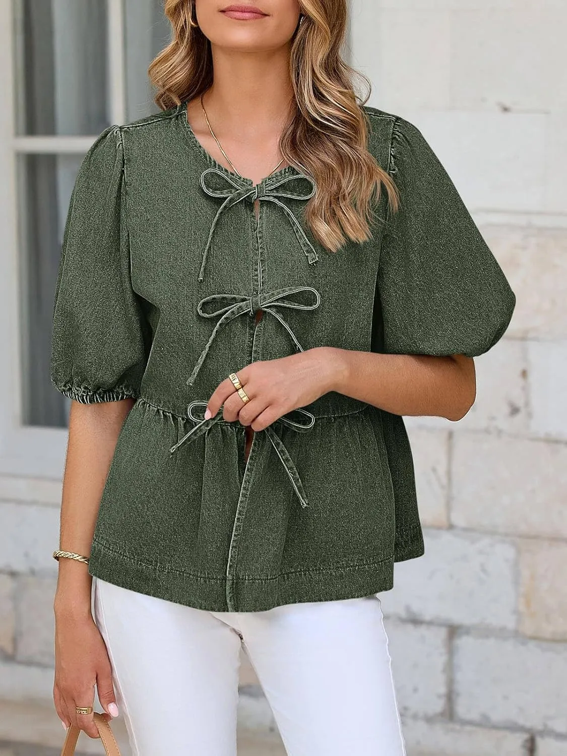 Tankaneo Womens Denim Tie Front Tops Babydoll Peplum Puff Sleeve Jean Shirts Crew Neck Summer Casual Bow Blouses