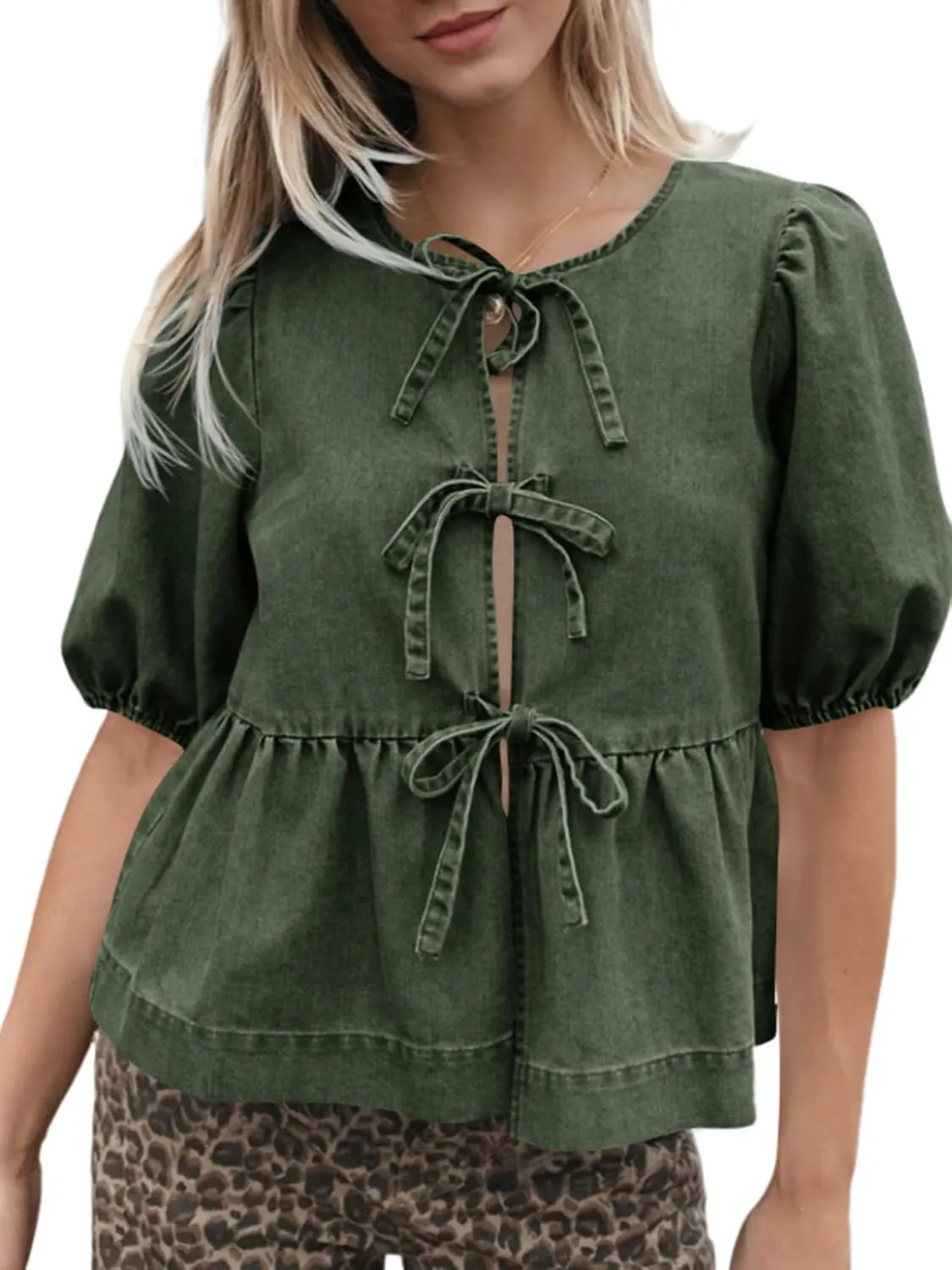 Tankaneo Womens Denim Tie Front Tops Babydoll Peplum Puff Sleeve Jean Shirts Crew Neck Summer Casual Bow Blouses