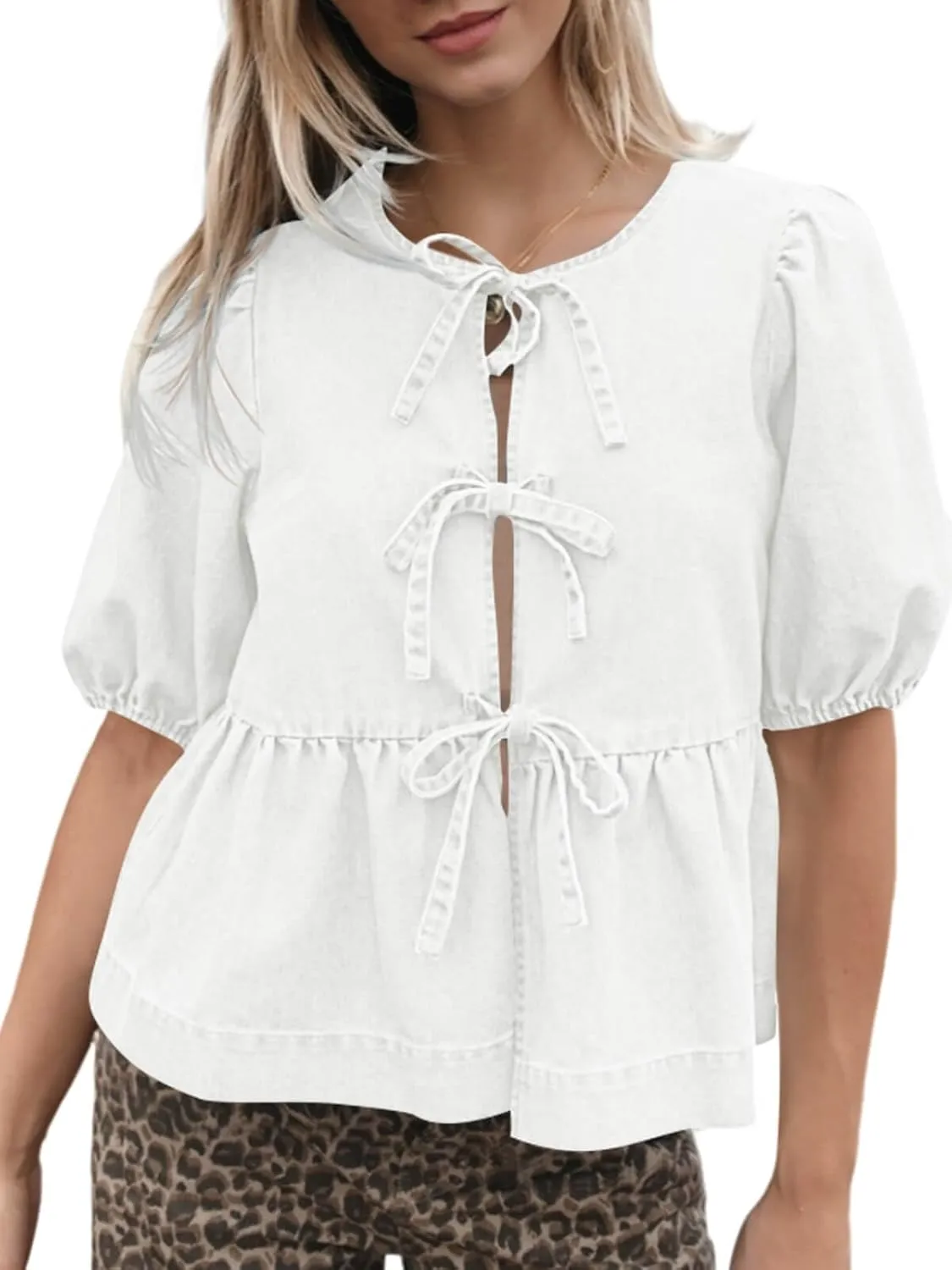 Tankaneo Womens Denim Tie Front Tops Babydoll Peplum Puff Sleeve Jean Shirts Crew Neck Summer Casual Bow Blouses