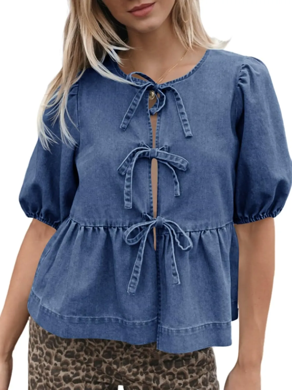 Tankaneo Womens Denim Tie Front Tops Babydoll Peplum Puff Sleeve Jean Shirts Crew Neck Summer Casual Bow Blouses
