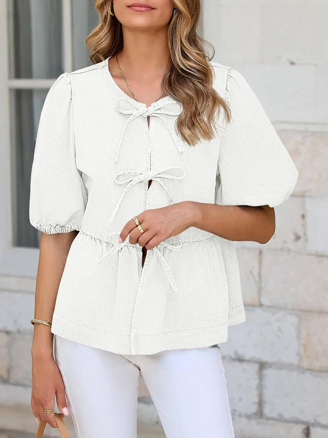 Tankaneo Womens Denim Tie Front Tops Babydoll Peplum Puff Sleeve Jean Shirts Crew Neck Summer Casual Bow Blouses