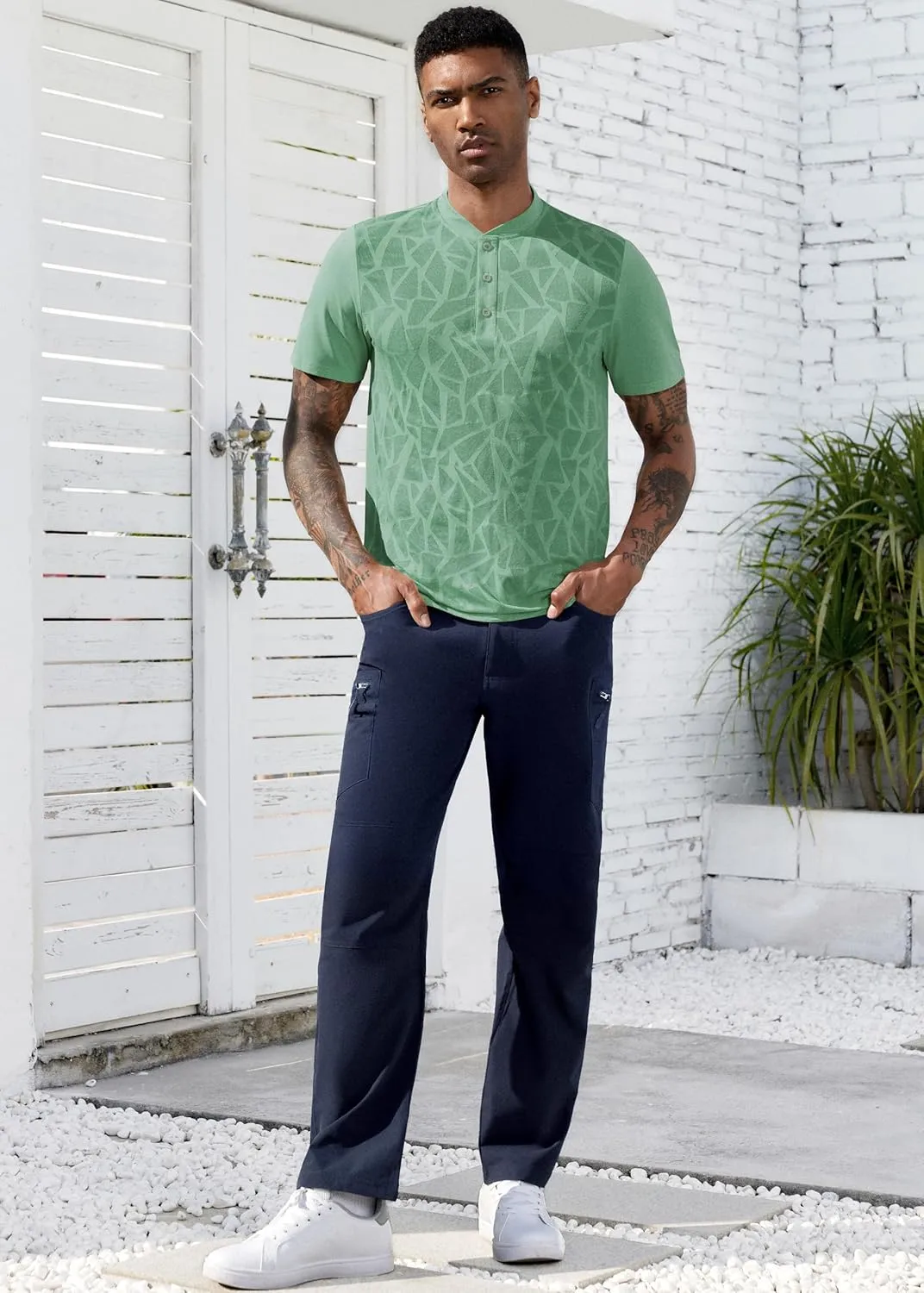 TAPULCO Collarless Golf Shirts for Men Quick Dry Color Block Breathable Soft Athletic Casual Daily T-Shirts