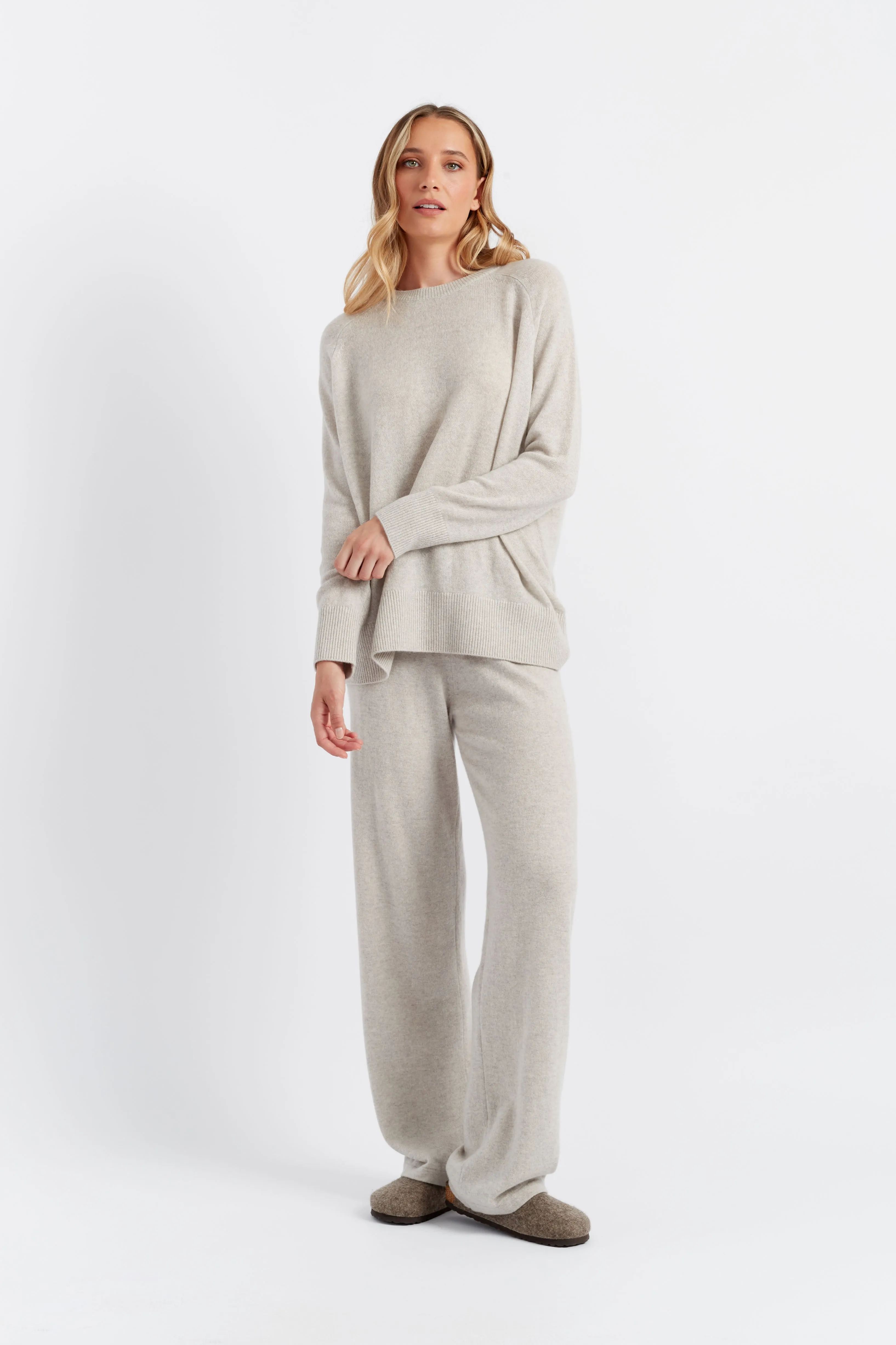 Taupe Cashmere Wide-Leg Track Pants