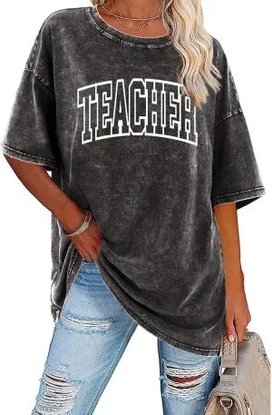Teacher Shirts for Women Oversized Tshirts Teacher Appreciation Gifts Shirt Letter Printed Short Sleeve Tee Shirts
