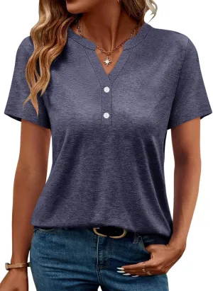 TICTICMIMI Women's V Neck Short Sleeve Tops Button Down Casual T Shirts Basic Dressy Tees