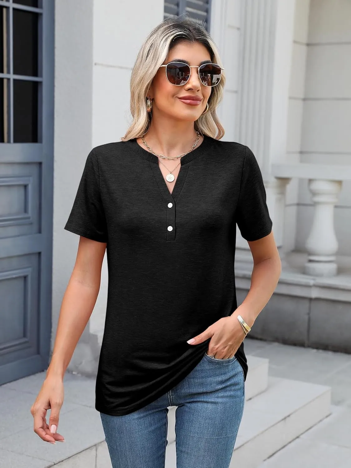 TICTICMIMI Women's V Neck Short Sleeve Tops Button Down Casual T Shirts Basic Dressy Tees