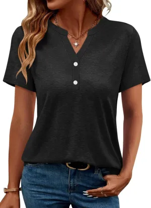 TICTICMIMI Women's V Neck Short Sleeve Tops Button Down Casual T Shirts Basic Dressy Tees