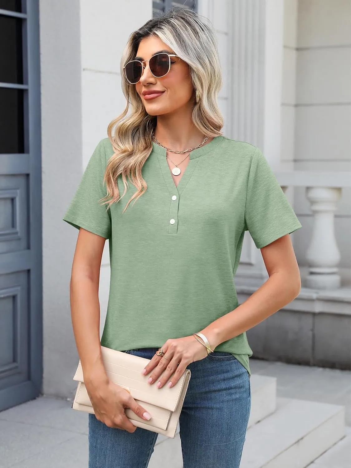 TICTICMIMI Women's V Neck Short Sleeve Tops Button Down Casual T Shirts Basic Dressy Tees