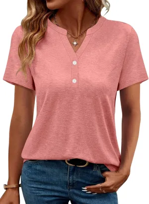 TICTICMIMI Women's V Neck Short Sleeve Tops Button Down Casual T Shirts Basic Dressy Tees