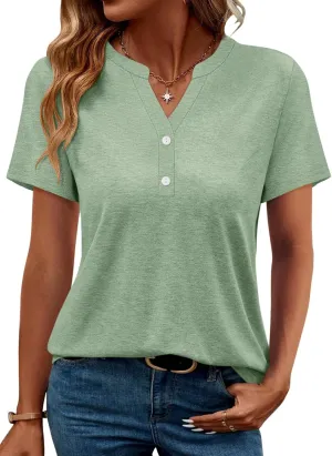 TICTICMIMI Women's V Neck Short Sleeve Tops Button Down Casual T Shirts Basic Dressy Tees