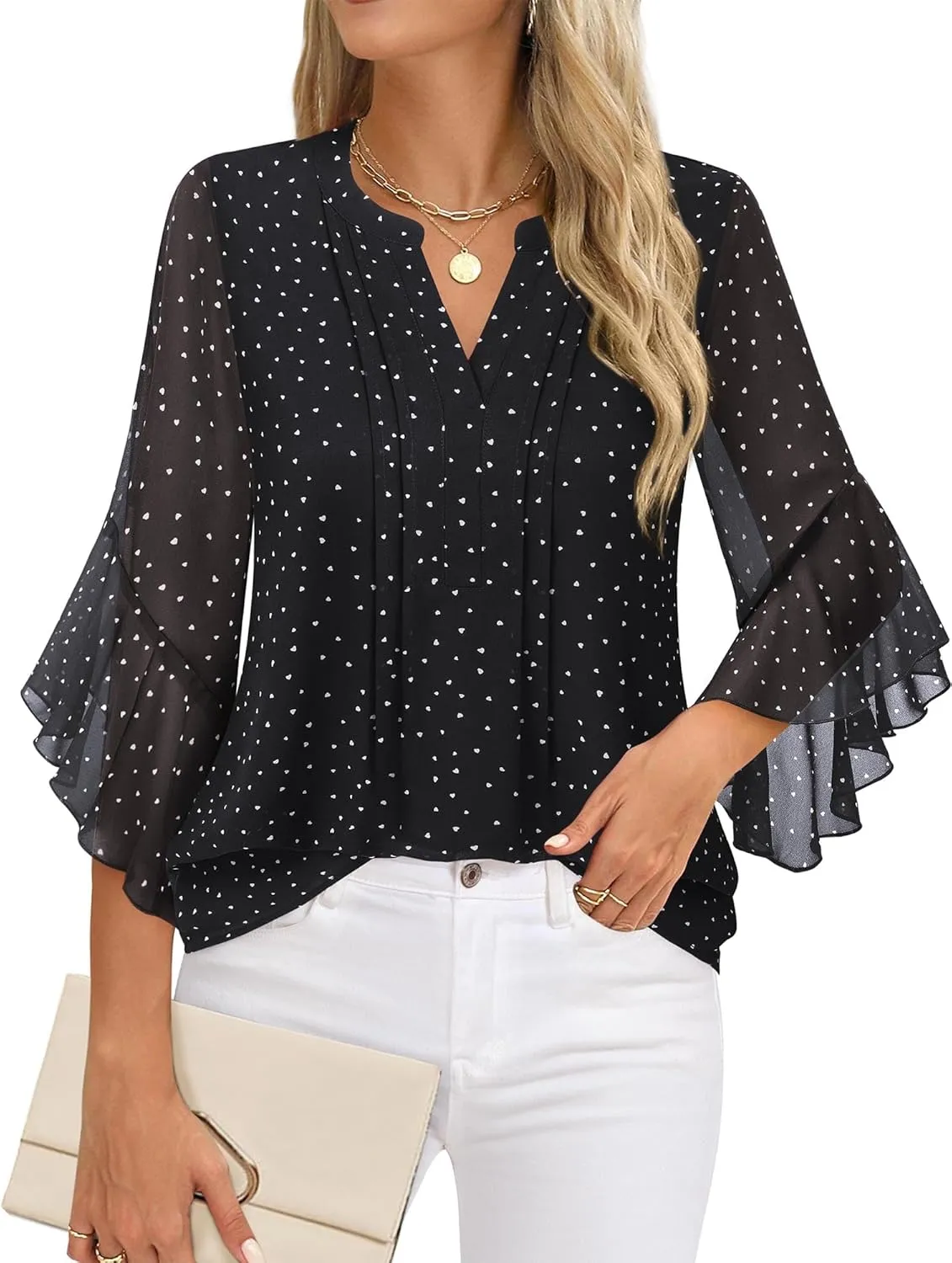 Timeson Women's 3/4 Sleeve Tops Dressy Casual Business Work Blouses Chiffon Office Shirts