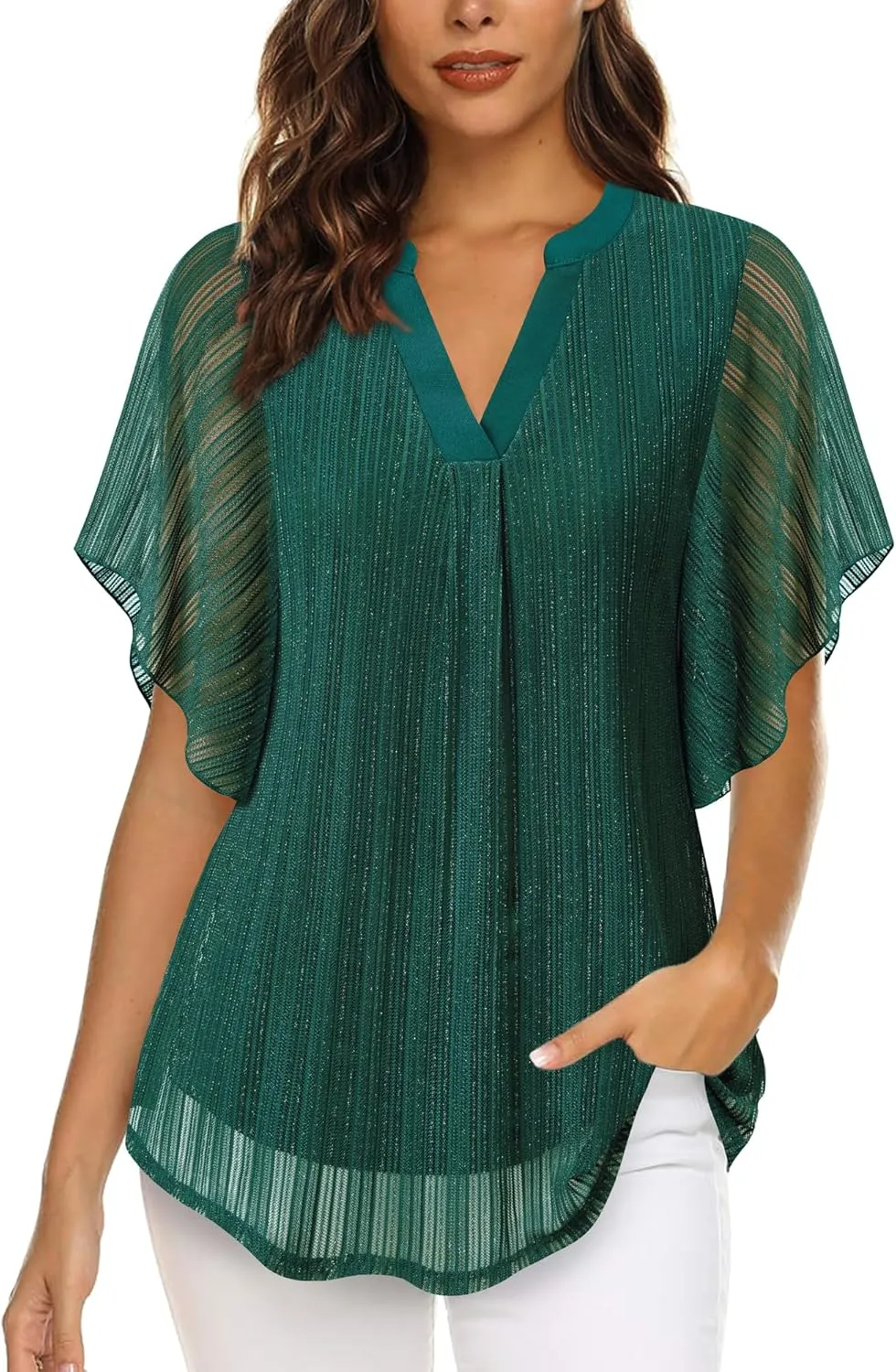 Timeson Women's Short Sleeve V Neck Blouses Shirts Floral Double Layers Mesh Tunics Tops
