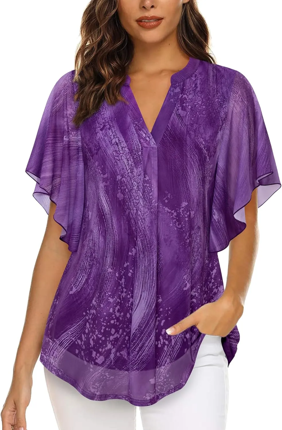 Timeson Women's Short Sleeve V Neck Blouses Shirts Floral Double Layers Mesh Tunics Tops