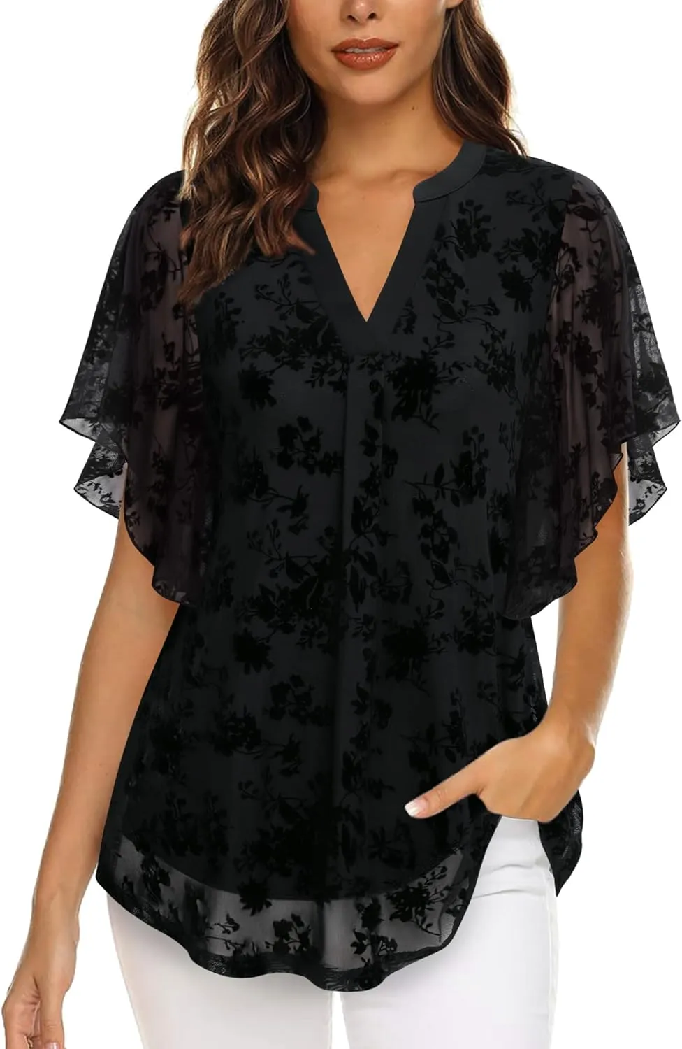 Timeson Women's Short Sleeve V Neck Blouses Shirts Floral Double Layers Mesh Tunics Tops