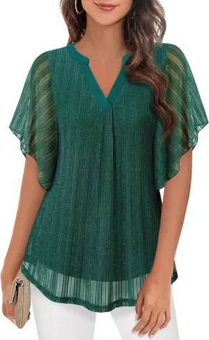 Timeson Women's Short Sleeve V Neck Blouses Shirts Floral Double Layers Mesh Tunics Tops