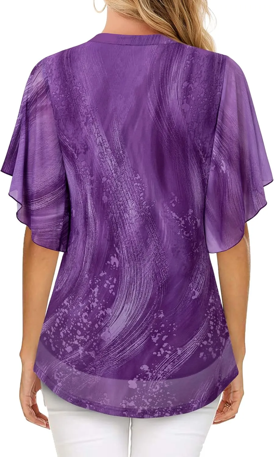 Timeson Women's Short Sleeve V Neck Blouses Shirts Floral Double Layers Mesh Tunics Tops