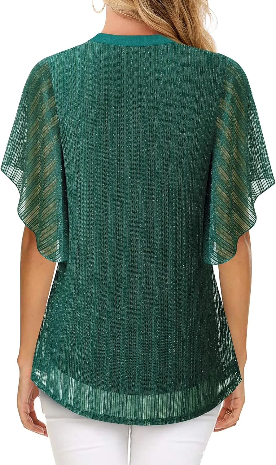 Timeson Women's Short Sleeve V Neck Blouses Shirts Floral Double Layers Mesh Tunics Tops