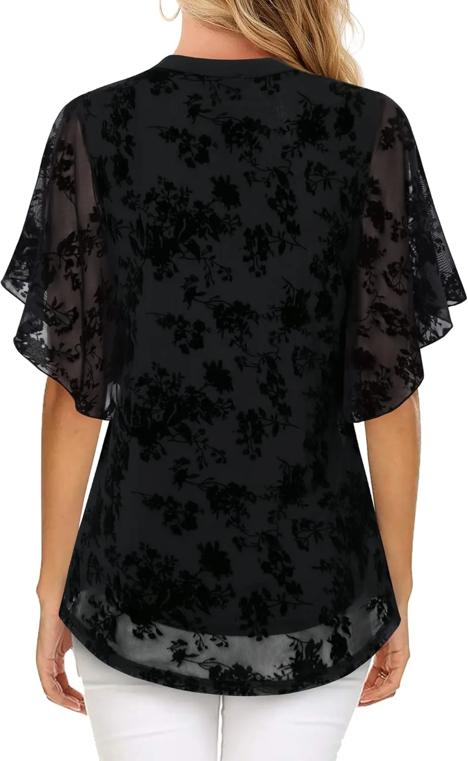 Timeson Women's Short Sleeve V Neck Blouses Shirts Floral Double Layers Mesh Tunics Tops