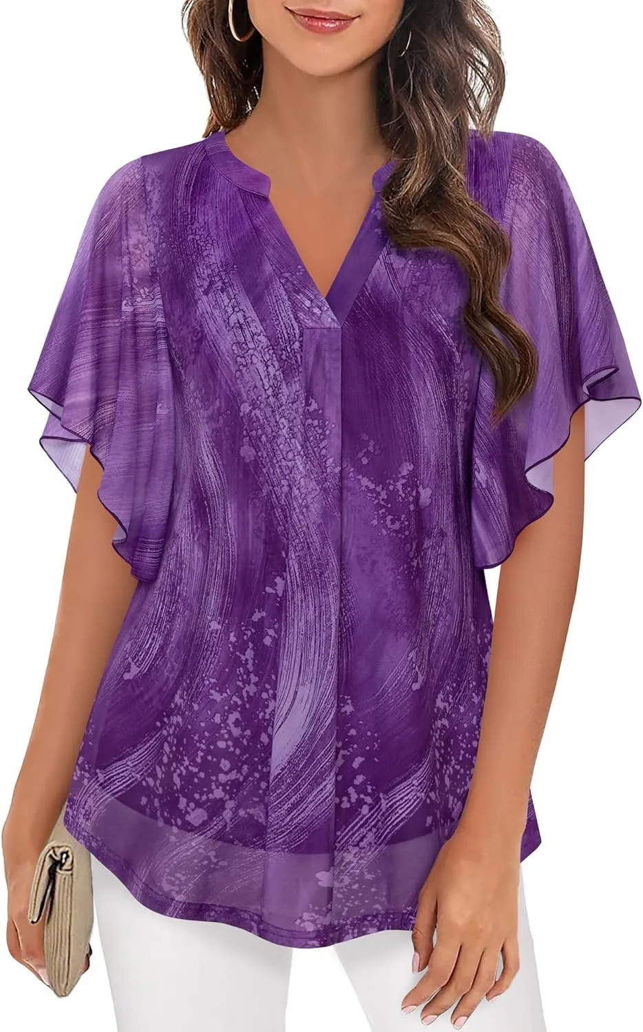 Timeson Women's Short Sleeve V Neck Blouses Shirts Floral Double Layers Mesh Tunics Tops