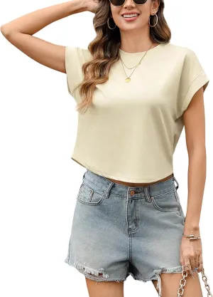 Totatuit Women Cute Cropped T-Shirts Short Sleeve Boxy Crewneck Summer Tee Shirts Basic Solid Workout Gym Tops