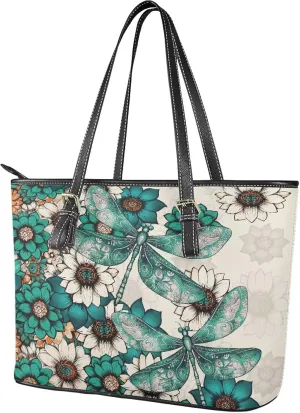 Tote Bag for Women PU Leather Folk Floral Top Handle Satchel Bags Zipper, Mexican Ethnic Large Handbag Shoulder Bag