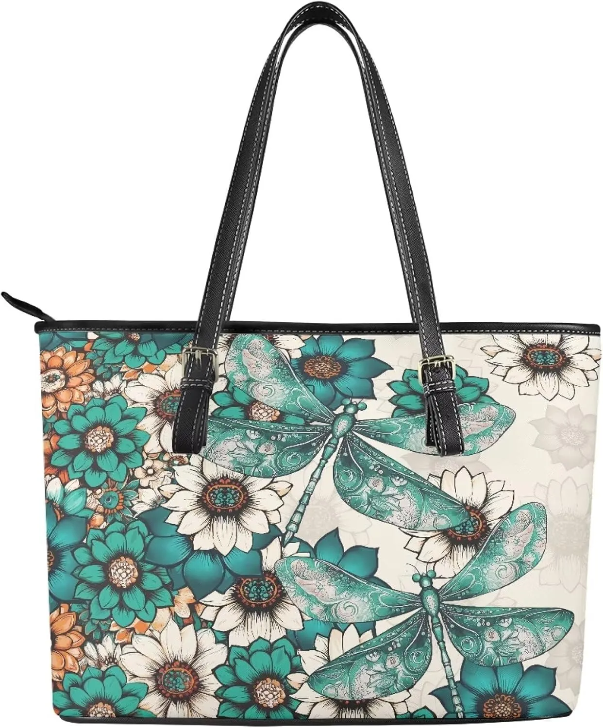 Tote Bag for Women PU Leather Folk Floral Top Handle Satchel Bags Zipper, Mexican Ethnic Large Handbag Shoulder Bag