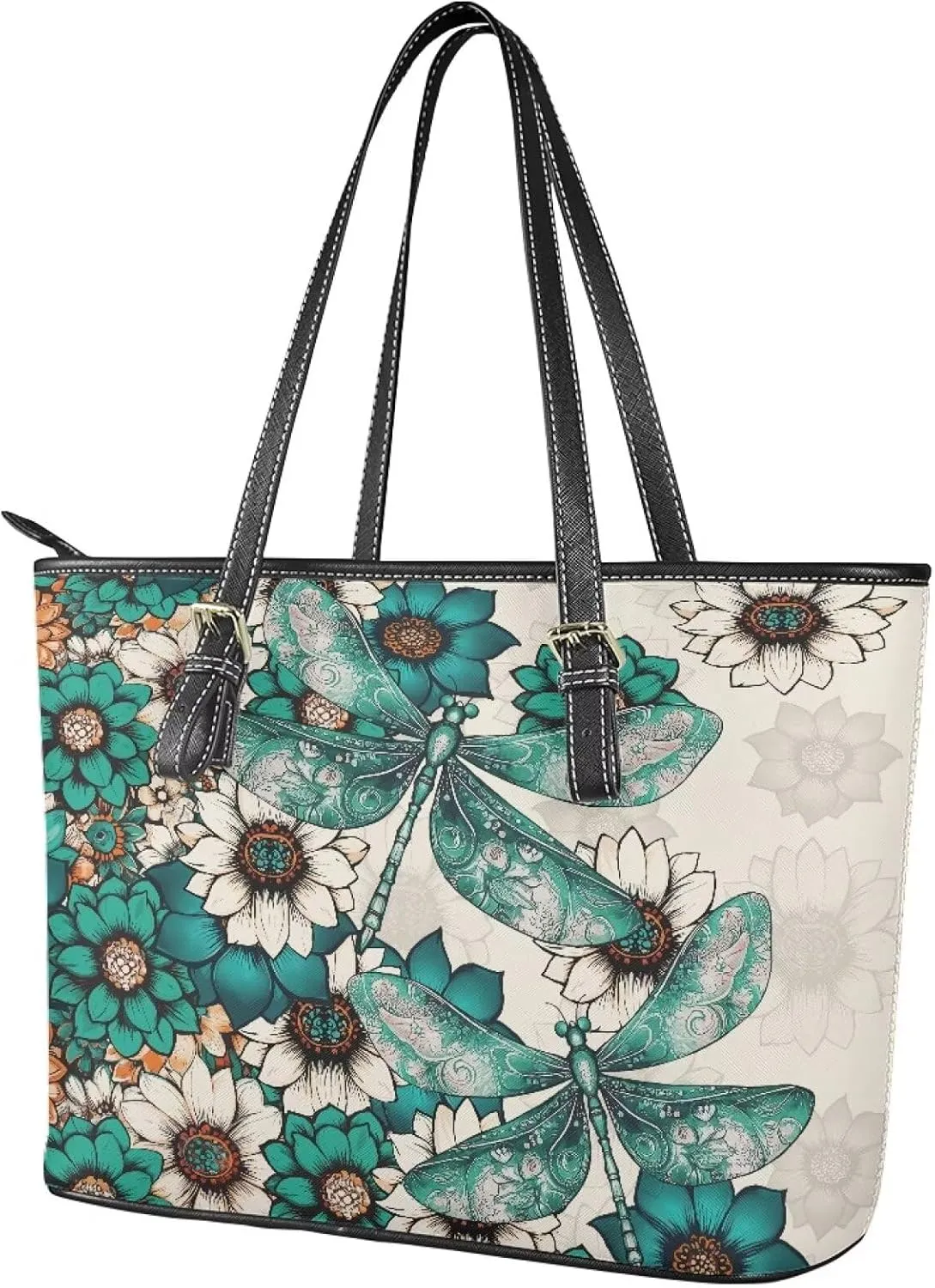 Tote Bag for Women PU Leather Folk Floral Top Handle Satchel Bags Zipper, Mexican Ethnic Large Handbag Shoulder Bag