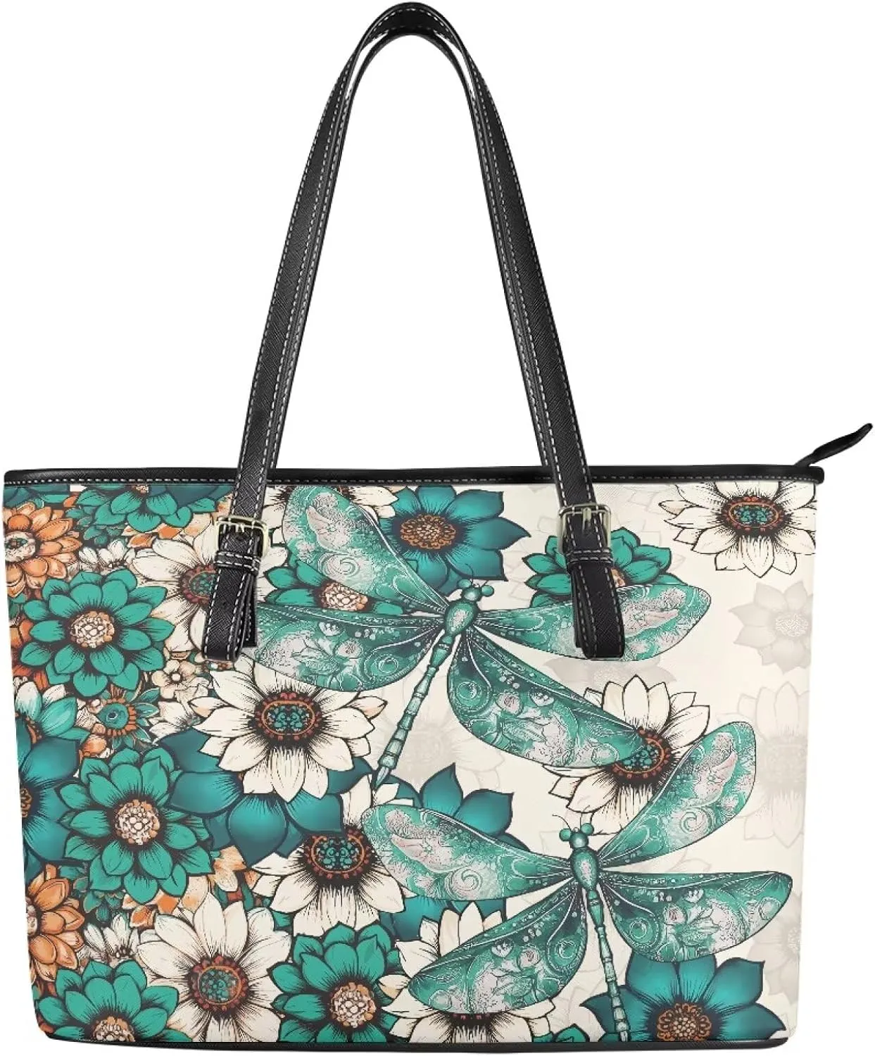 Tote Bag for Women PU Leather Folk Floral Top Handle Satchel Bags Zipper, Mexican Ethnic Large Handbag Shoulder Bag