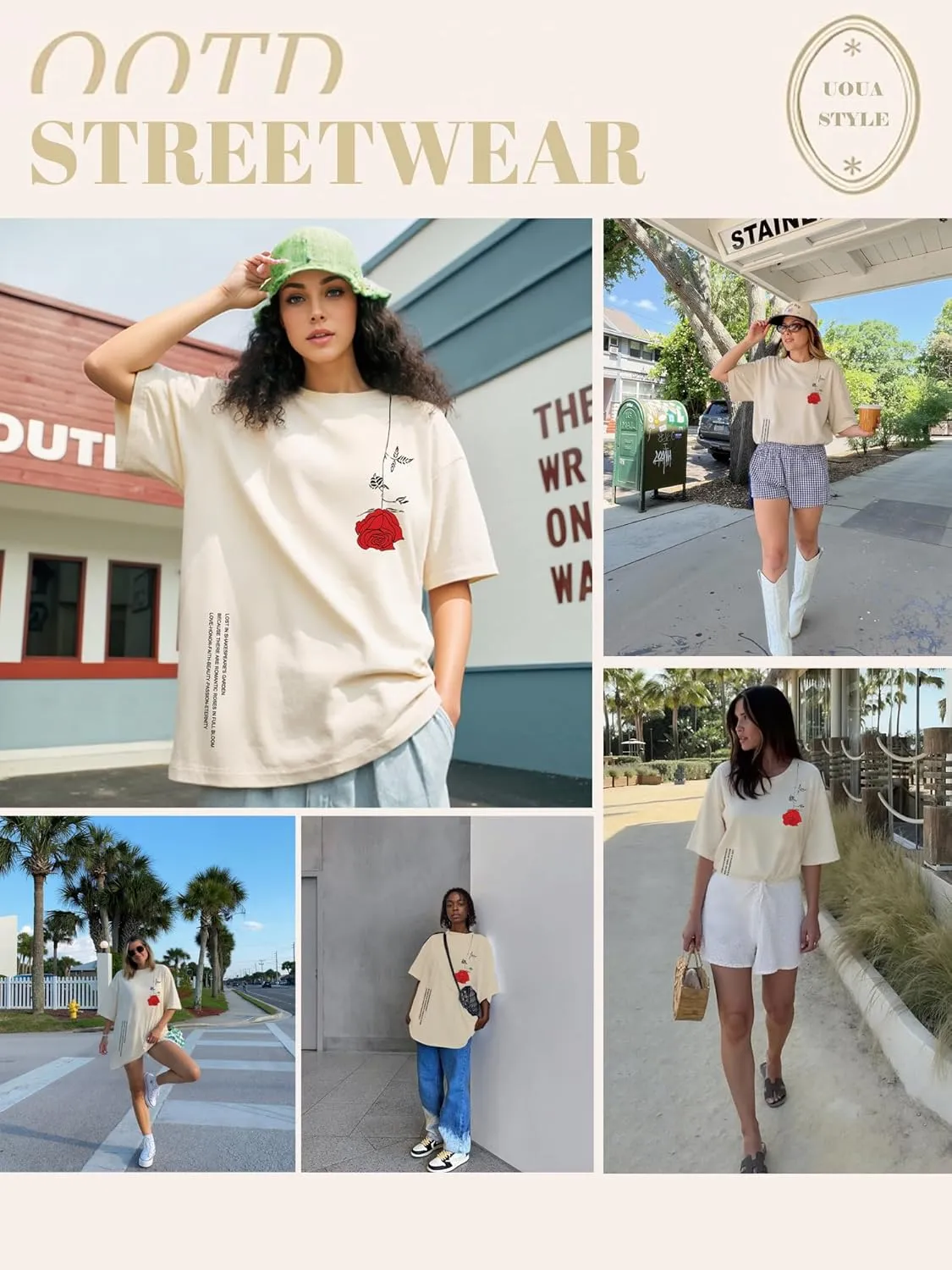 UOUA Women Oversized Graphic T-Shirt Casual Cotton Tees Printed Summer Tops