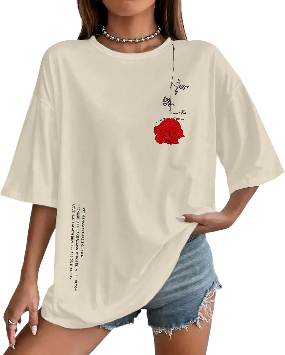 UOUA Women Oversized Graphic T-Shirt Casual Cotton Tees Printed Summer Tops