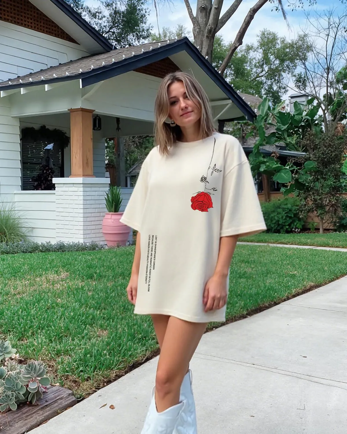 UOUA Women Oversized Graphic T-Shirt Casual Cotton Tees Printed Summer Tops
