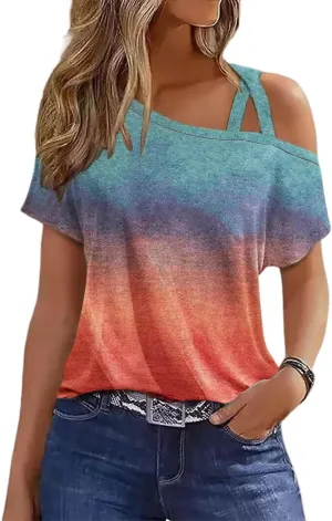 VKEGNIO Criss-Cross One Shoulder Tops Sexy Cold Shoulder Shirts Summer Short Sleeve T-Shirts Vacation Loose Casual Tees