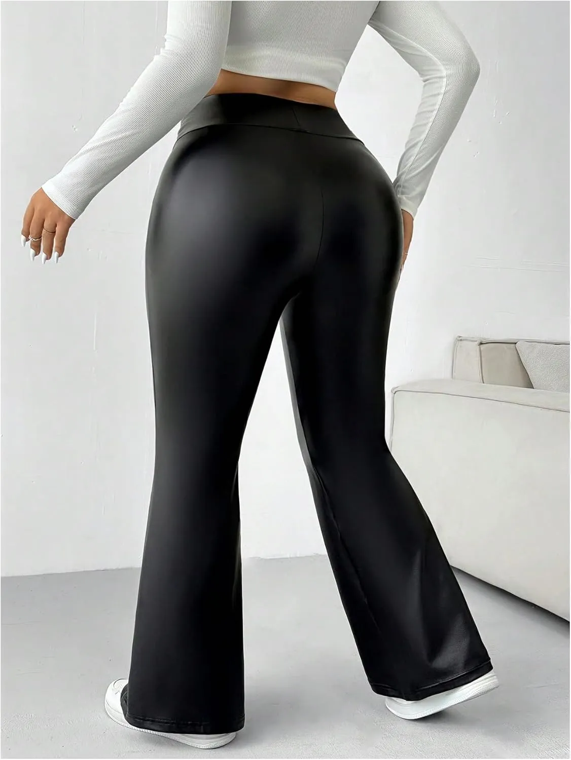 WDIRARA Women's Plus Size Leather Flare Leg Pants High Waist Fashion Casual Long Trousers