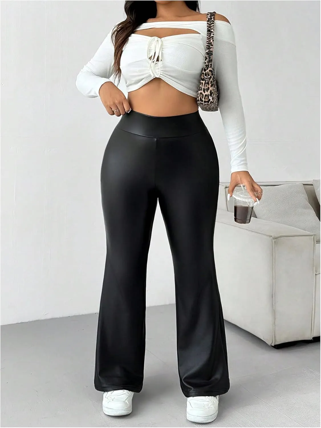 WDIRARA Women's Plus Size Leather Flare Leg Pants High Waist Fashion Casual Long Trousers