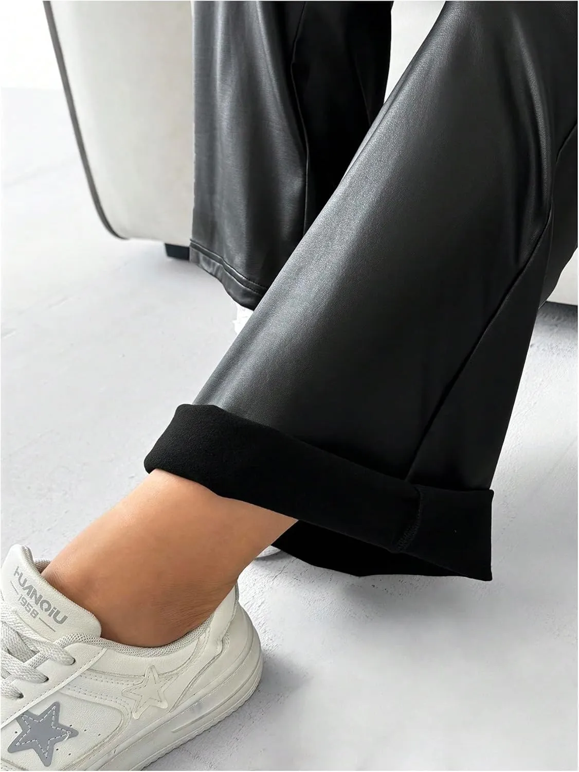 WDIRARA Women's Plus Size Leather Flare Leg Pants High Waist Fashion Casual Long Trousers