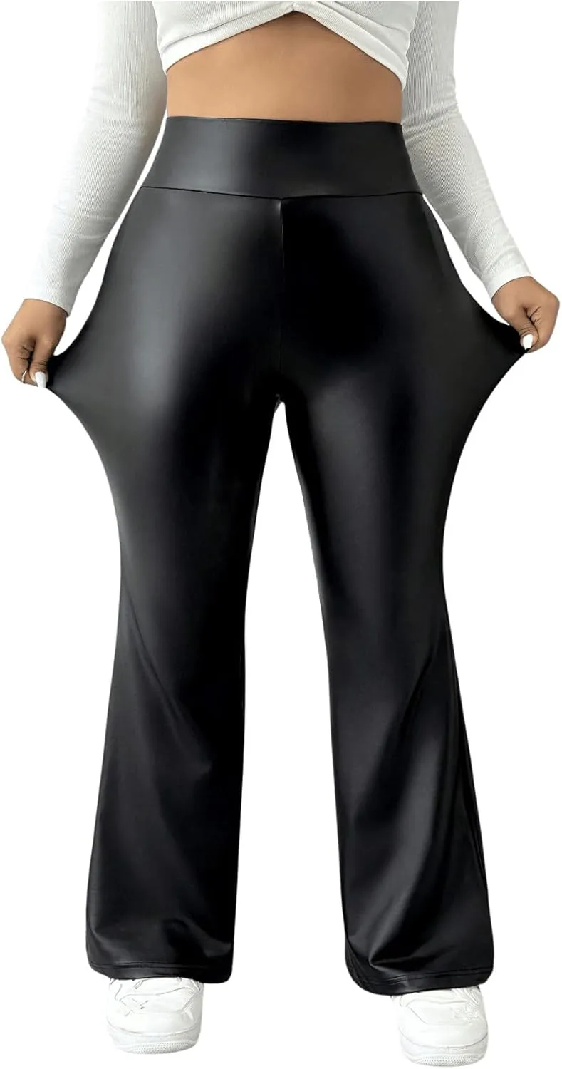 WDIRARA Women's Plus Size Leather Flare Leg Pants High Waist Fashion Casual Long Trousers