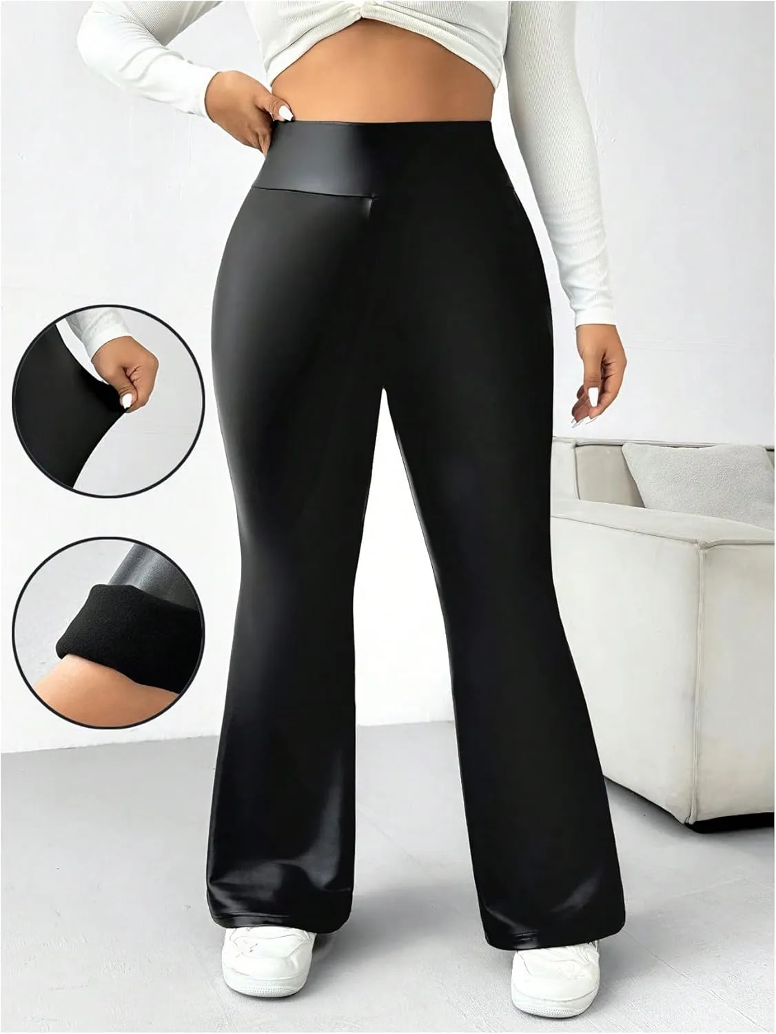 WDIRARA Women's Plus Size Leather Flare Leg Pants High Waist Fashion Casual Long Trousers
