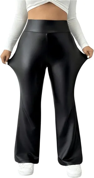 WDIRARA Women's Plus Size Leather Flare Leg Pants High Waist Fashion Casual Long Trousers