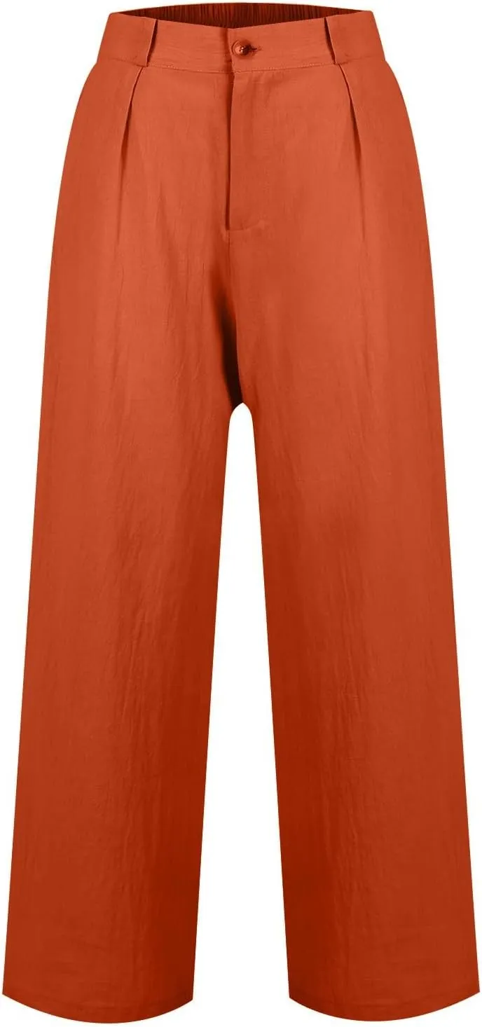 Wide Leg Linen Pants Women Summer Boho Beach Pants Business Work Office Pants Cotton High Waisted Palazzo Dress Pants