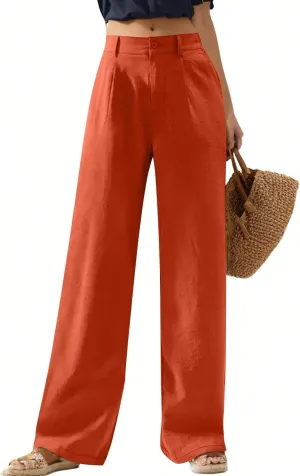 Wide Leg Linen Pants Women Summer Boho Beach Pants Business Work Office Pants Cotton High Waisted Palazzo Dress Pants